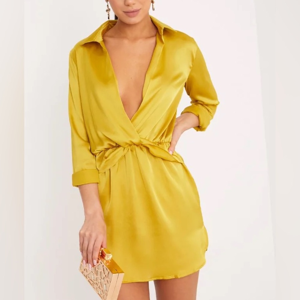 Pretty Little Thing Size S Yellow Satin Wrap Dress Preloved
